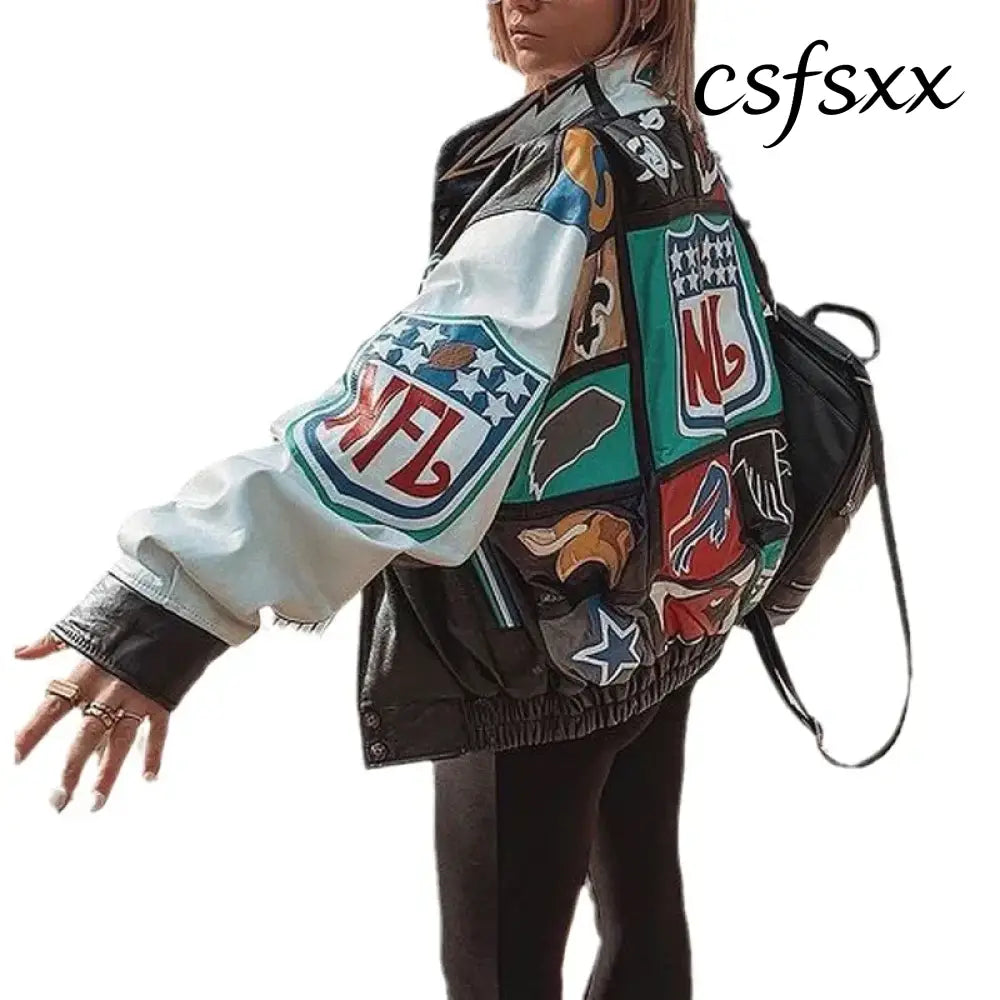 New Women’s Baseball Jacket Spring Autumn Fashion Long Sleeve Motorcycle Jacket Female Y2k Printed Casual Loose