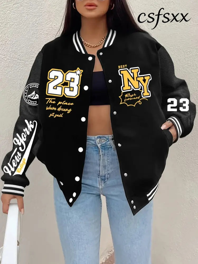 New York Art Letter 23 Printed Plus Size Women Jacket Harajuku Fleece Baseball Jersey Button Streetwear Vintage Loose