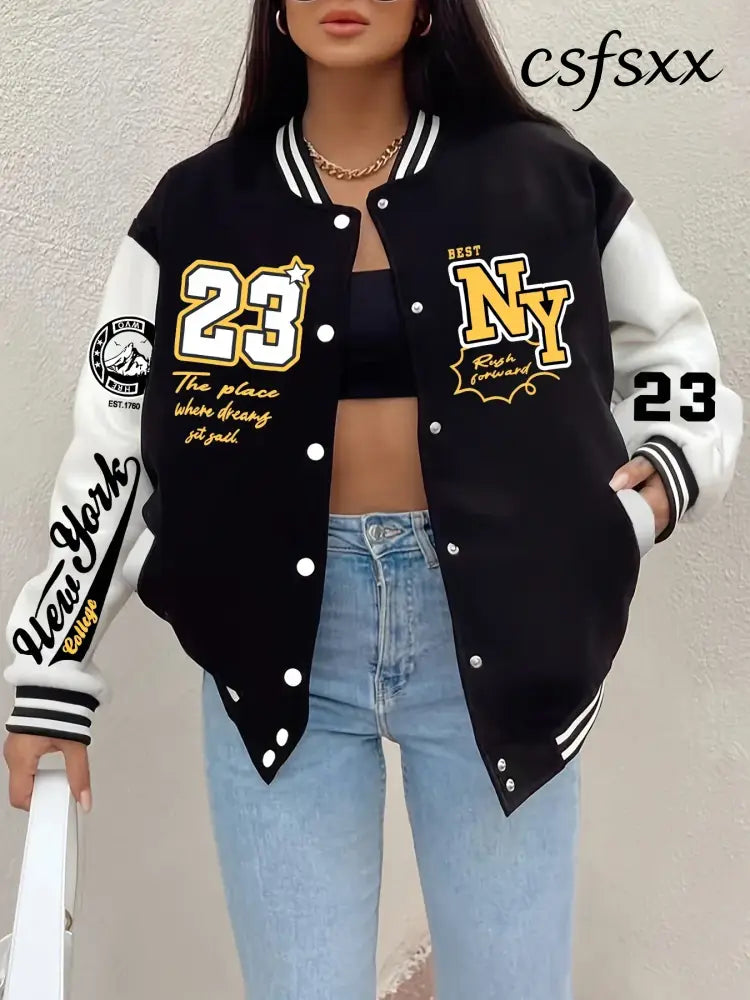 New York Art Letter 23 Printed Plus Size Women Jacket Harajuku Fleece Baseball Jersey Button Streetwear Vintage Loose