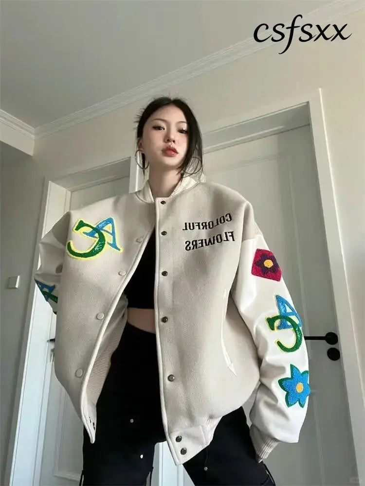 Retro American Embroidered Baseball Uniform Tide Ins Autumn And Winter Korean Version Of Loose Women’s Jackets Sweet