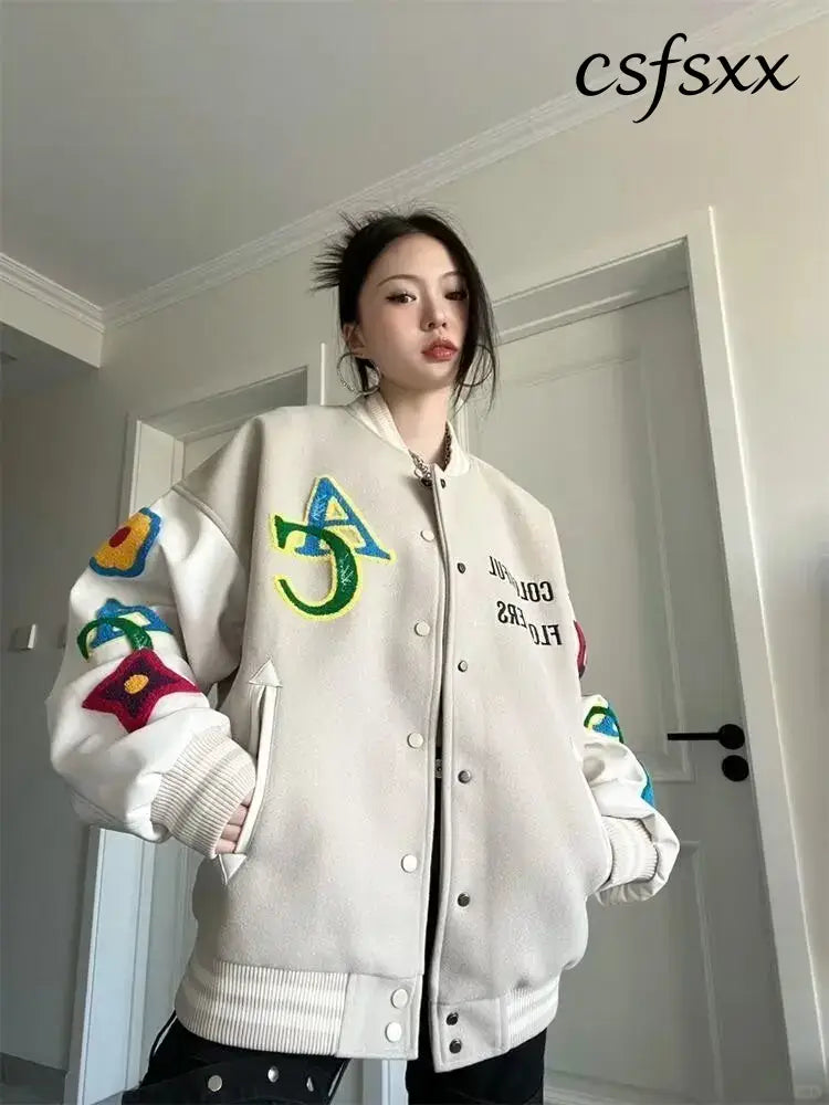 Retro American Embroidered Baseball Uniform Tide Ins Autumn And Winter Korean Version Of Loose Women’s Jackets Sweet