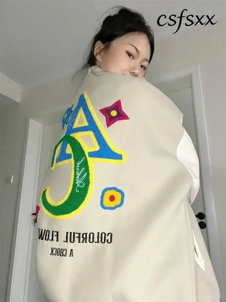 Retro American Embroidered Baseball Uniform Tide Ins Autumn And Winter Korean Version Of Loose Women’s Jackets Sweet