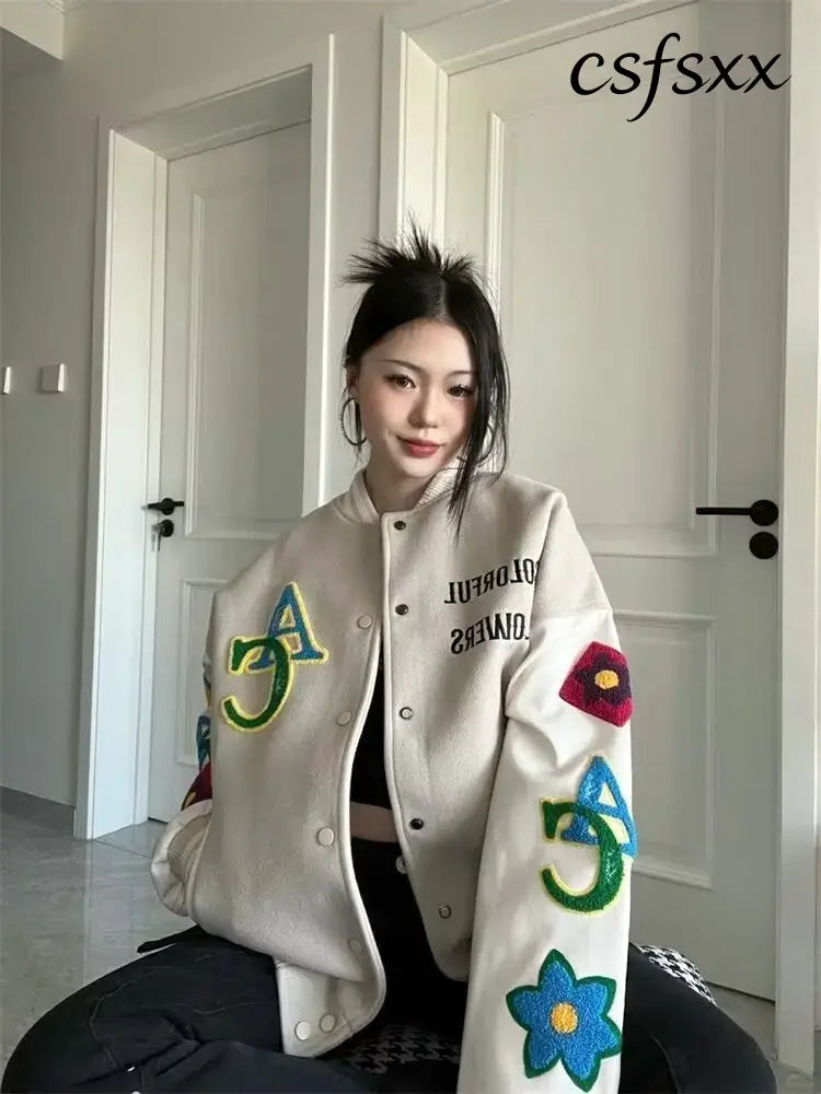 Retro American Embroidered Baseball Uniform Tide Ins Autumn And Winter Korean Version Of Loose Women’s Jackets Sweet