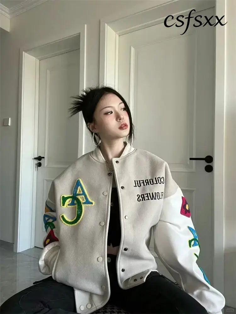 Retro American Embroidered Baseball Uniform Tide Ins Autumn And Winter Korean Version Of Loose Women’s Jackets Sweet