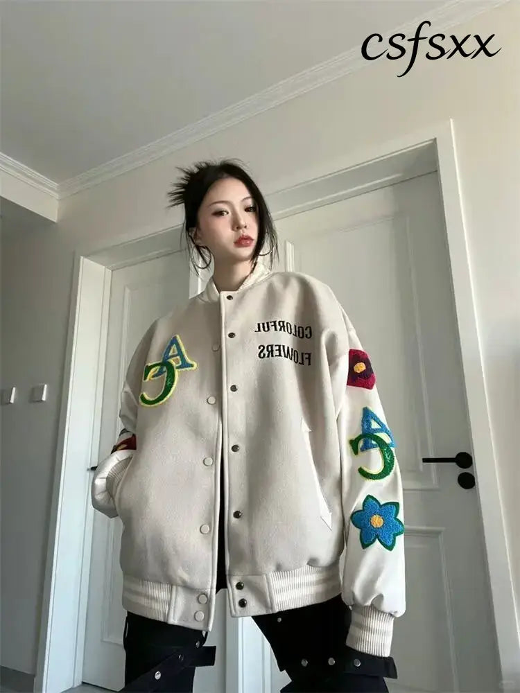 Retro American Embroidered Baseball Uniform Tide Ins Autumn And Winter Korean Version Of Loose Women’s Jackets Sweet