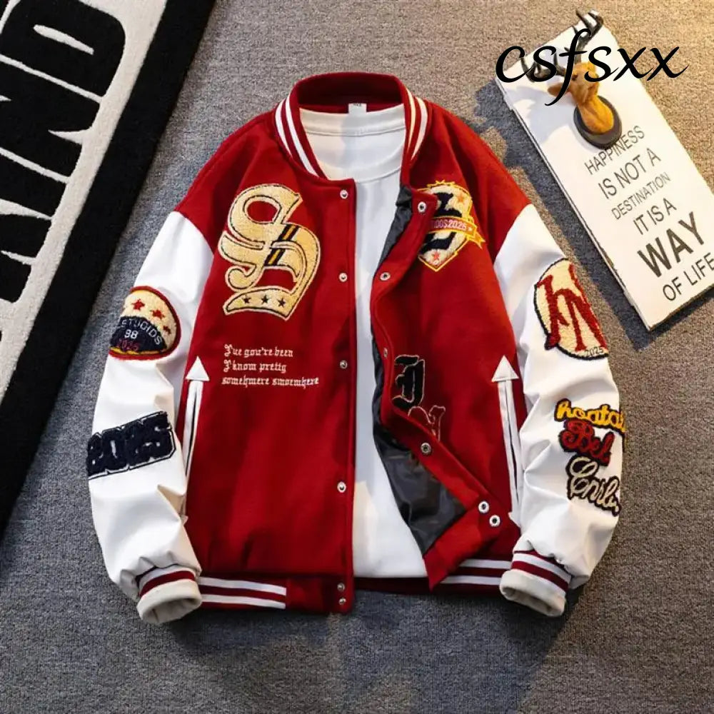 Retro American Patchwork Embroidery Baseball Jacket Loose Casual Woolen Coat for Men And Women Street Style Outerwear