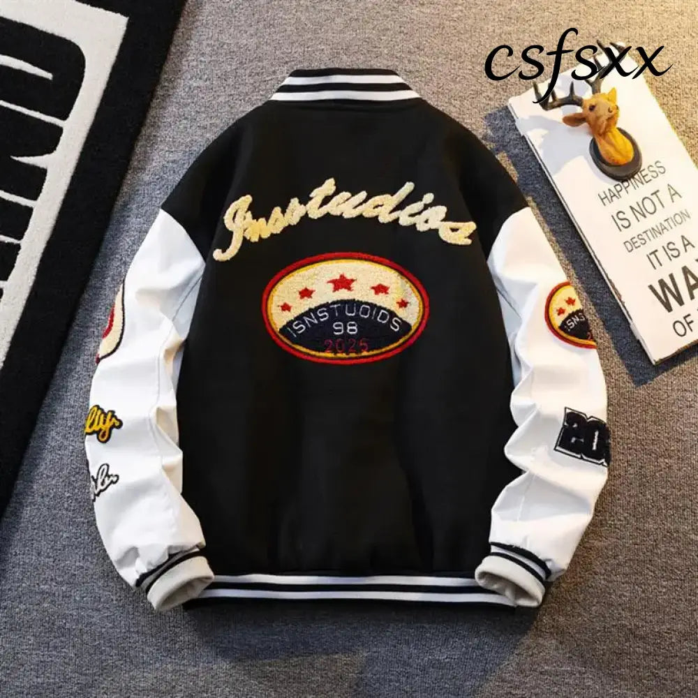Retro American Patchwork Embroidery Baseball Jacket Loose Casual Woolen Coat for Men And Women Street Style Outerwear