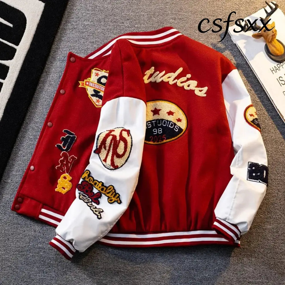 Retro American Patchwork Embroidery Baseball Jacket Loose Casual Woolen Coat for Men And Women Street Style Outerwear