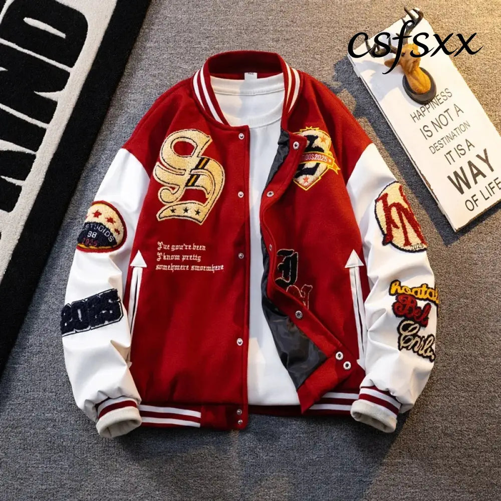 Retro American Patchwork Embroidery Baseball Jacket Loose Casual Woolen Coat for Men And Women Street Style Outerwear