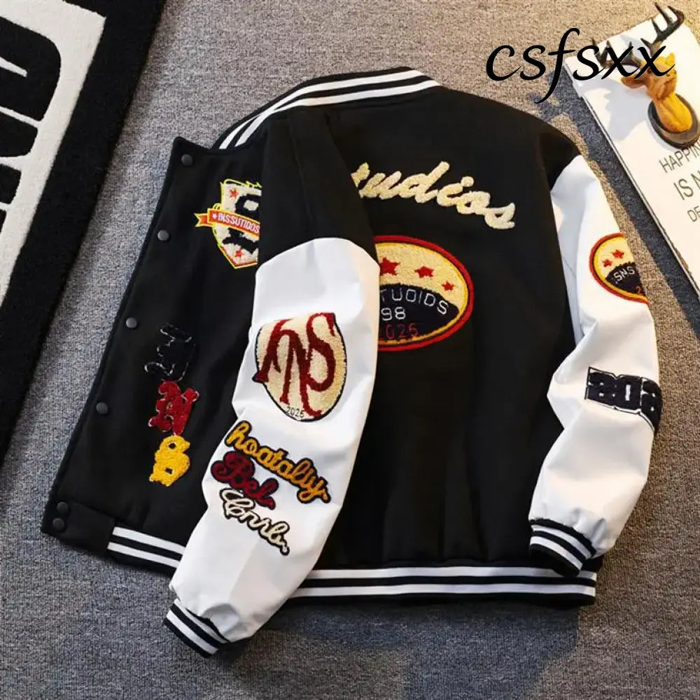 Retro American Patchwork Embroidery Baseball Jacket Loose Casual Woolen Coat for Men And Women Street Style Outerwear