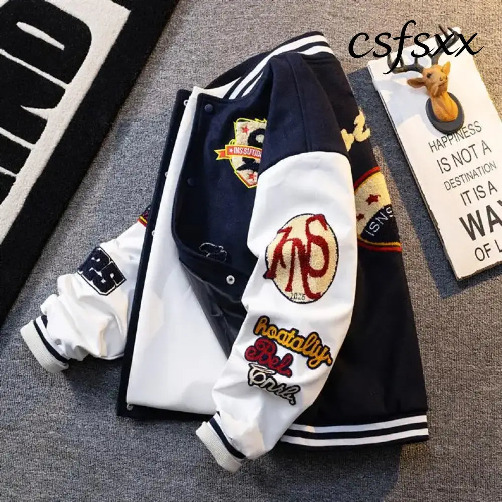 Retro American Patchwork Embroidery Baseball Jacket Loose Casual Woolen Coat for Men And Women Street Style Outerwear