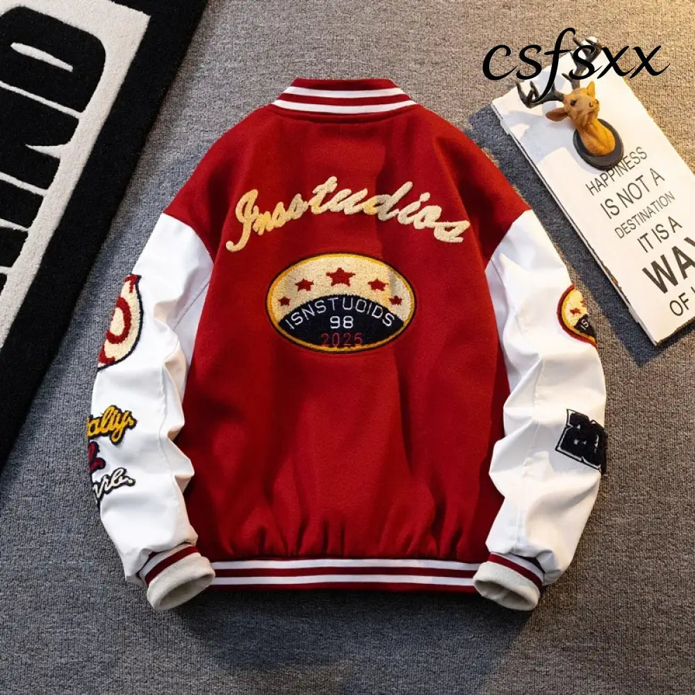 Retro American Patchwork Embroidery Baseball Jacket Loose Casual Woolen Coat for Men And Women Street Style Outerwear