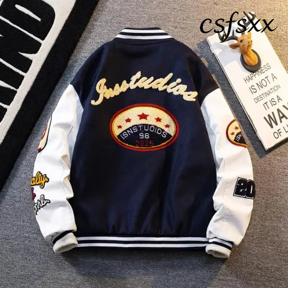 Retro American Patchwork Embroidery Baseball Jacket Loose Casual Woolen Coat for Men And Women Street Style Outerwear