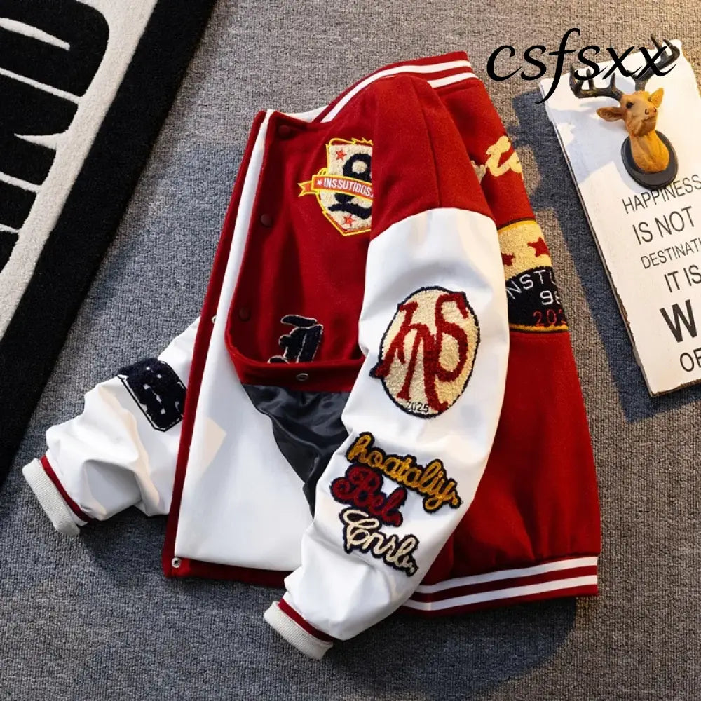 Retro American Patchwork Embroidery Baseball Jacket Loose Casual Woolen Coat for Men And Women Street Style Outerwear
