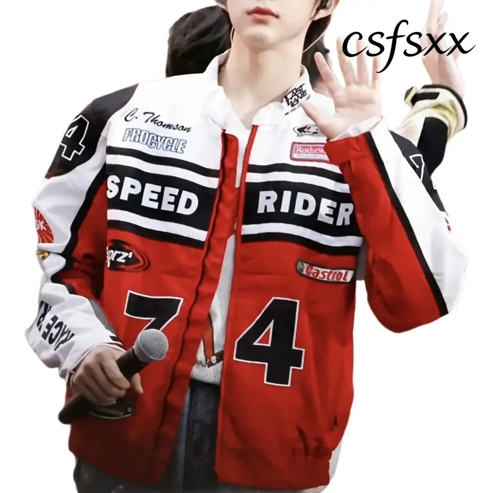 Retro American Racing Jacket Motorcycle Loose Fit Street Style Trendy Outerwear for Men And Women Color Block Baseball