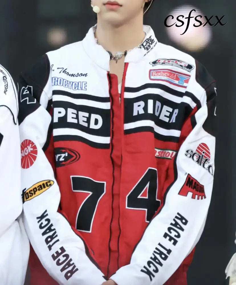 Retro American Racing Jacket Motorcycle Loose Fit Street Style Trendy Outerwear for Men And Women Color Block Baseball