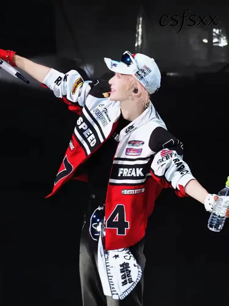 Retro American Racing Jacket Motorcycle Loose Fit Street Style Trendy Outerwear for Men And Women Color Block Baseball