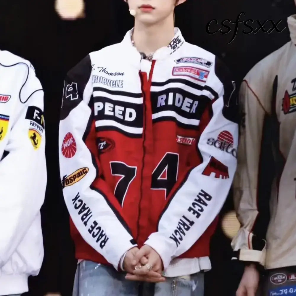Retro American Racing Jacket Motorcycle Loose Fit Street Style Trendy Outerwear for Men And Women Color Block Baseball