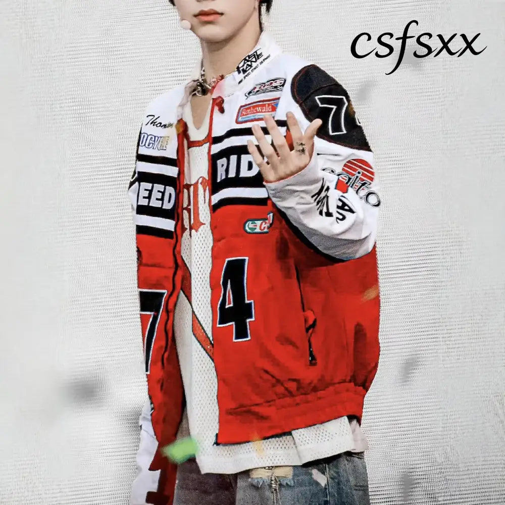 Retro American Racing Jacket Motorcycle Loose Fit Street Style Trendy Outerwear for Men And Women Color Block Baseball