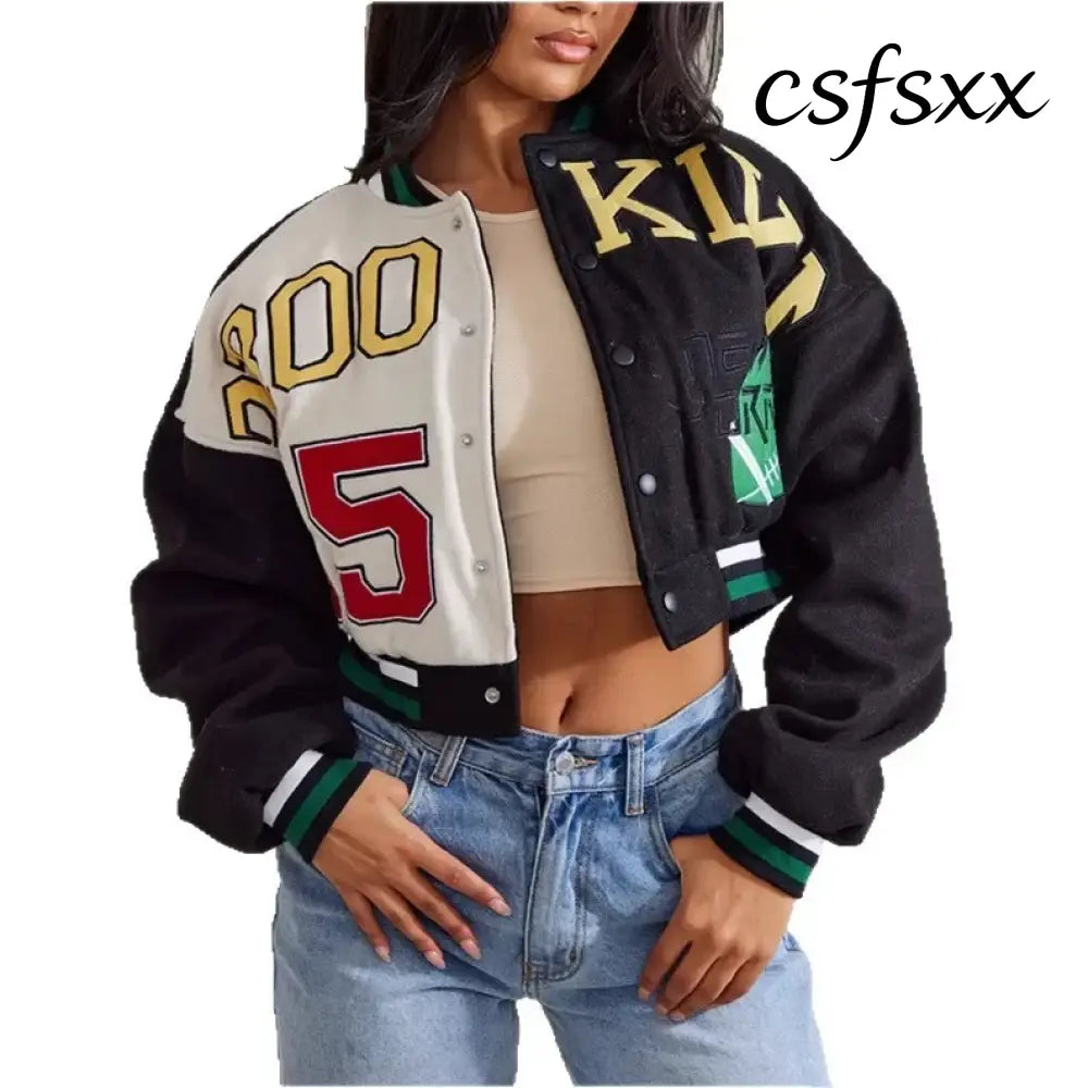 Retro Sport Letter Print Flight Jacket Women Short Casual Fashion Street Style Coat round Neck Full Sleeve Loose Fit