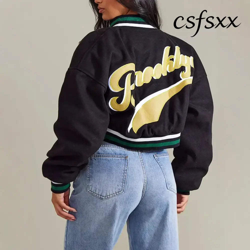 Retro Sport Letter Print Flight Jacket Women Short Casual Fashion Street Style Coat round Neck Full Sleeve Loose Fit