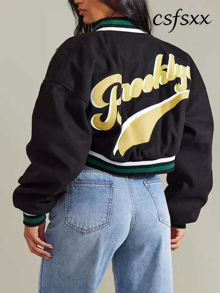 Retro Sport Letter Print Flight Jacket Women Short Casual Fashion Street Style Coat round Neck Full Sleeve Loose Fit