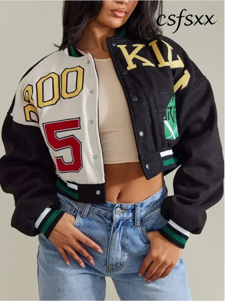 Retro Sport Letter Print Flight Jacket Women Short Casual Fashion Street Style Coat round Neck Full Sleeve Loose Fit