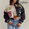 Retro Sport Letter Print Flight Jacket Women Short Casual Fashion Street Style Coat round Neck Full Sleeve Loose Fit