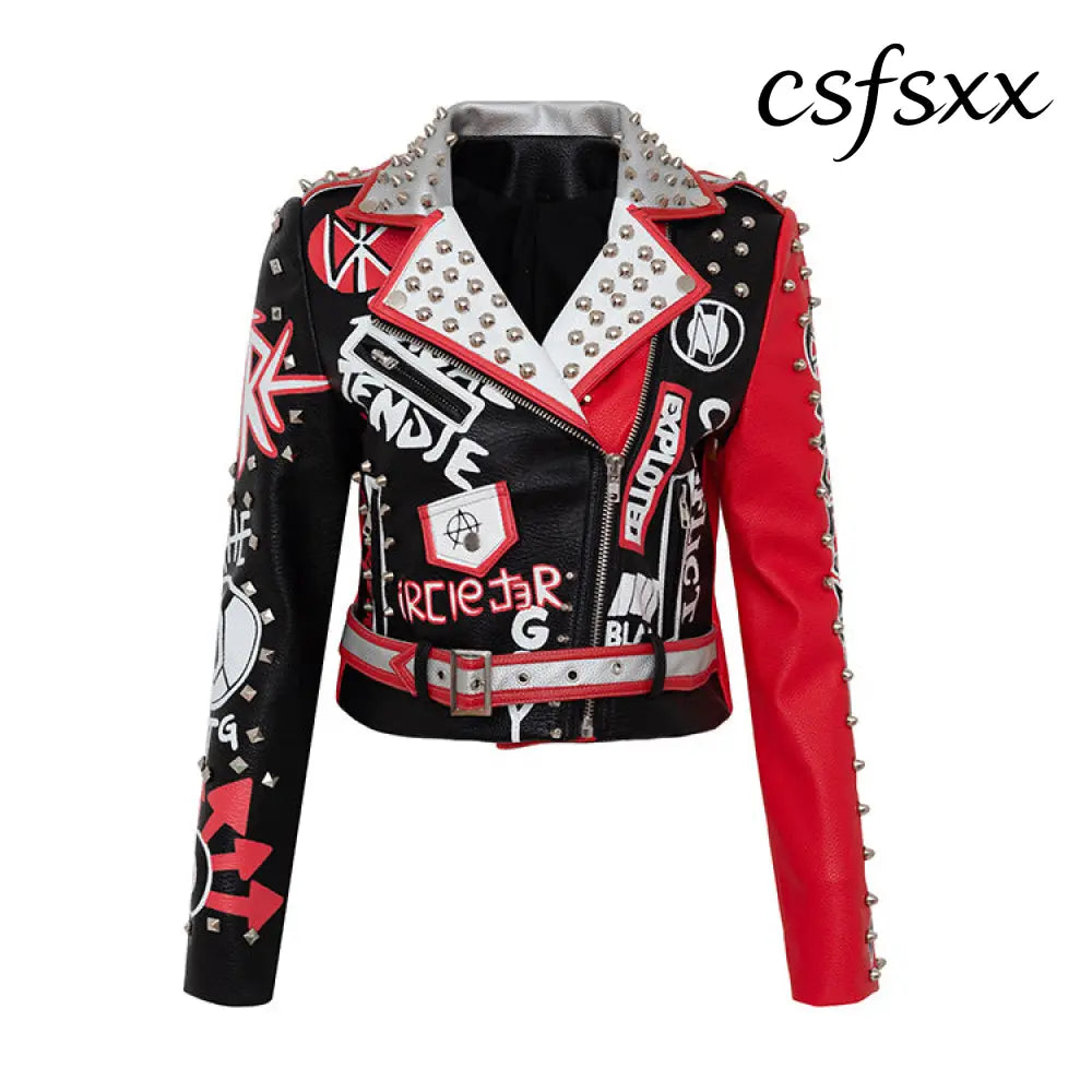 Skinny Jacket Graffiti Print Contrast Color Motorcycle Leather Jacket - 2XL - Korean