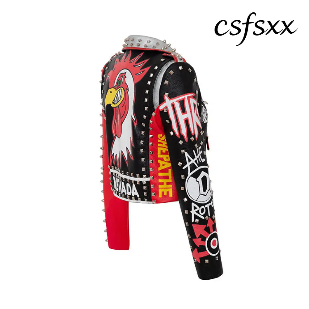 Skinny Jacket Graffiti Print Contrast Color Motorcycle Leather Jacket - Korean