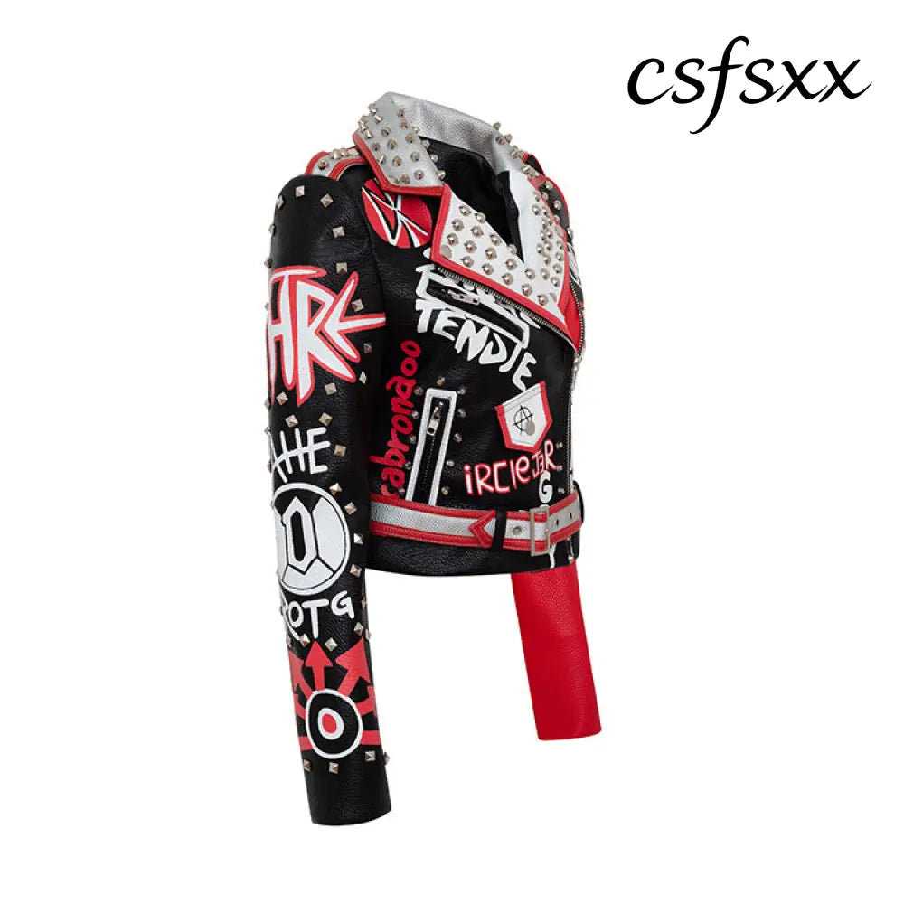 Skinny Jacket Graffiti Print Contrast Color Motorcycle Leather Jacket - Korean