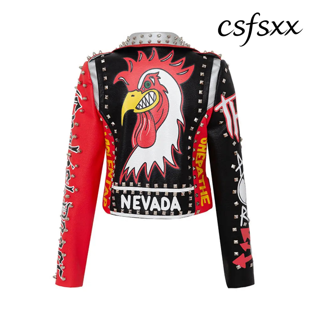 Skinny Jacket Graffiti Print Contrast Color Motorcycle Leather Jacket - Korean