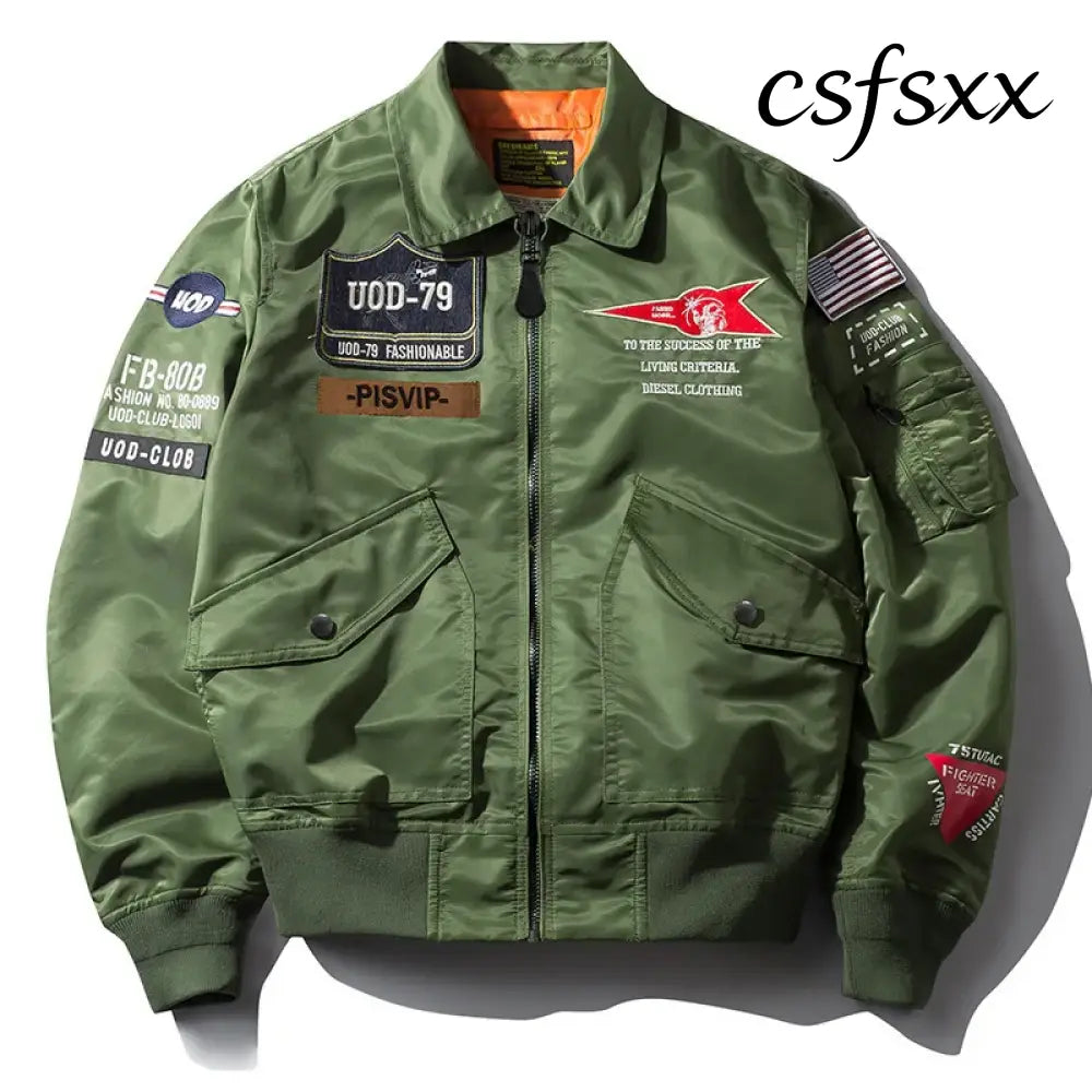 Spring Autumn Male Jackets Thin Army Green Motorcycle Ma-1 Aviator Pilot Air Men Bomber Jacket Embroidery Lapel