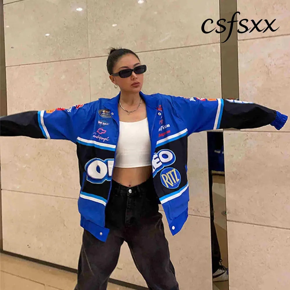 Spring Autumn Racing Jacket for Women Men Fashion Printed Long Sleeve Motorcycle Baseball Jacket Adult Casual Loose