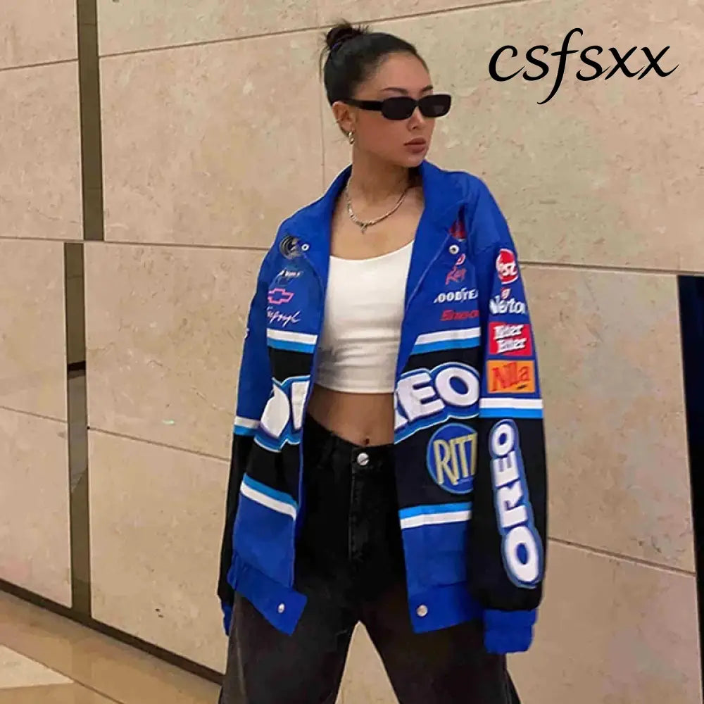 Spring Autumn Racing Jacket for Women Men Fashion Printed Long Sleeve Motorcycle Baseball Jacket Adult Casual Loose