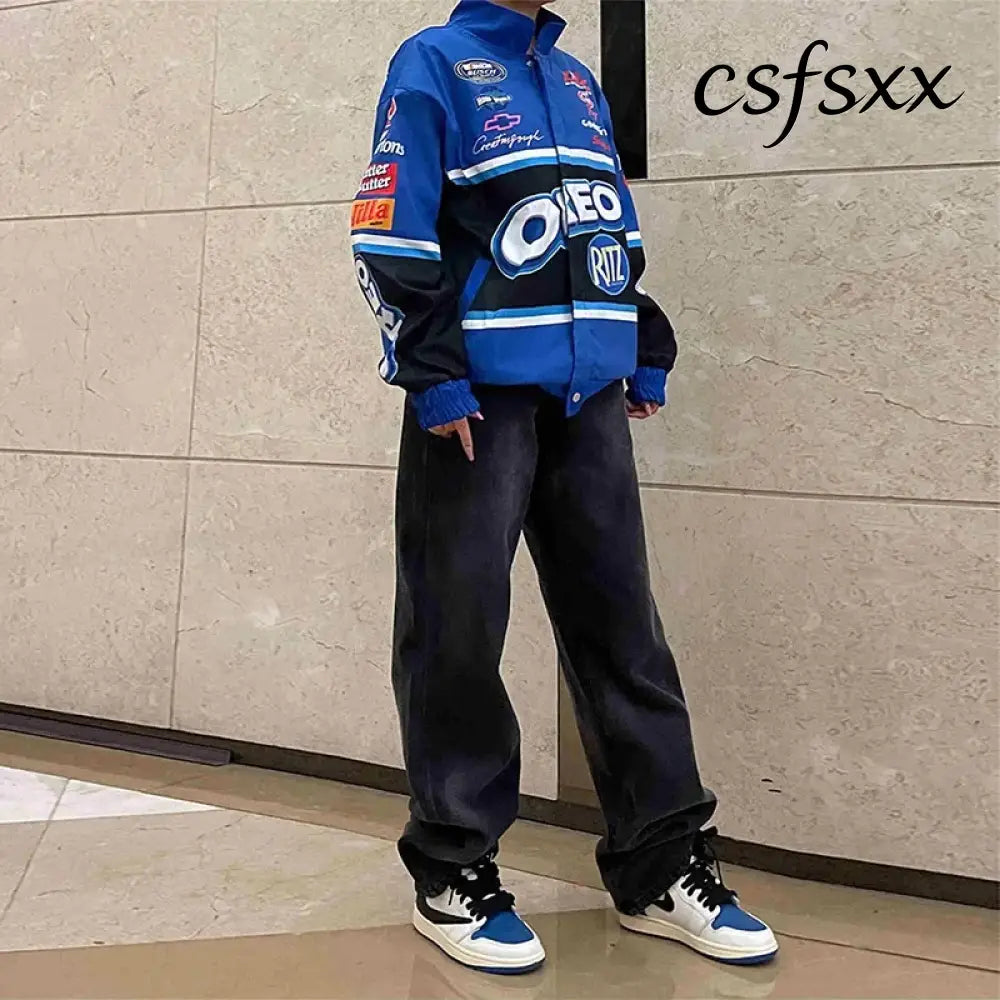Spring Autumn Racing Jacket for Women Men Fashion Printed Long Sleeve Motorcycle Baseball Jacket Adult Casual Loose